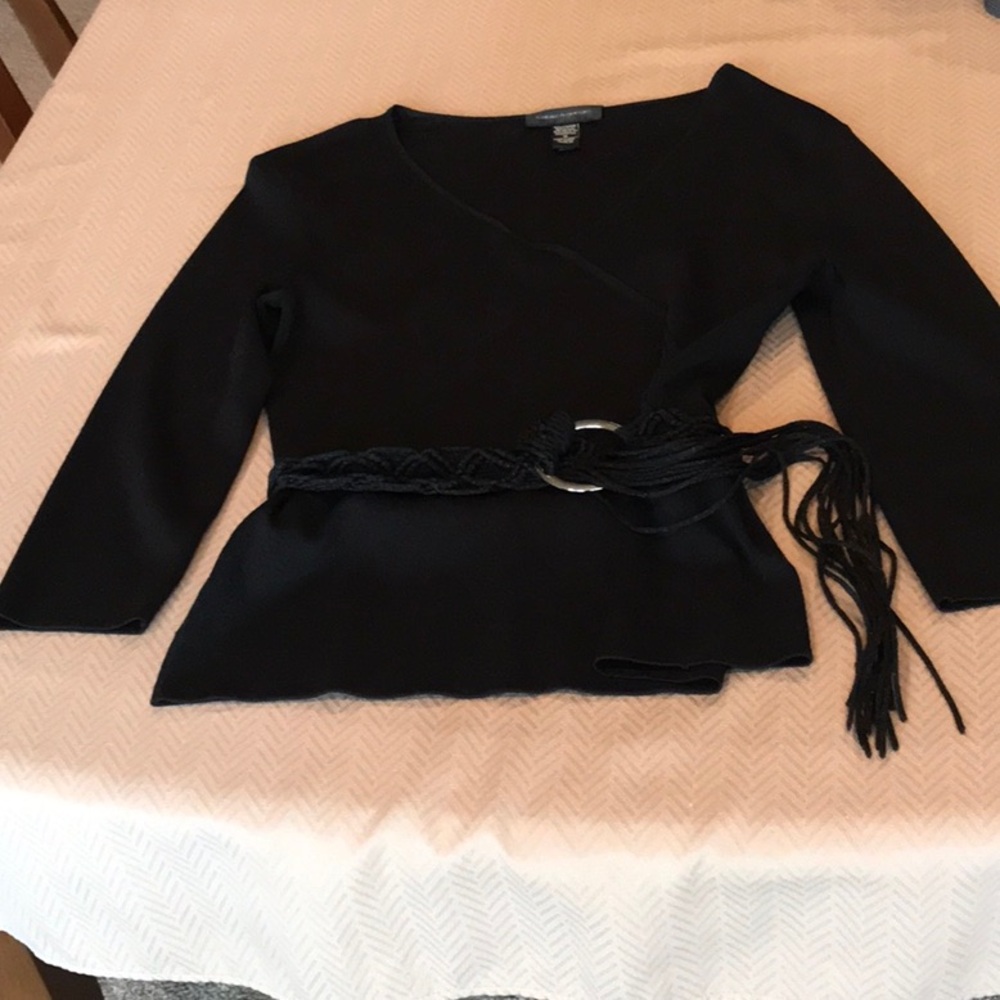 Cable & Gauge Black Sweater.  Stylish Macrame Belt with fringe for added fun.